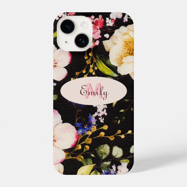 Watercolor Pink Yellow Roses on black, Monogram iPhone Case (Back)