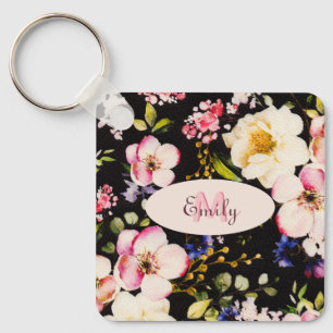 Watercolor Pink Yellow Roses on black, Monogram Key Ring
