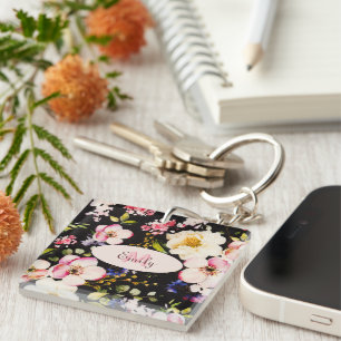 Watercolor Pink Yellow Roses on black, Monogram Key Ring