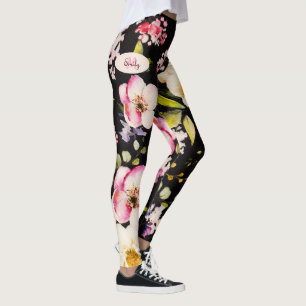 Watercolor Pink Yellow Roses on black, Monogram Leggings