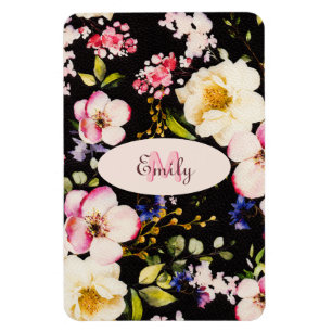Watercolor Pink Yellow Roses on black, Monogram Magnet