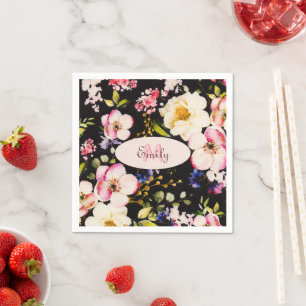 Watercolor Pink Yellow Roses on black, Monogram Napkin