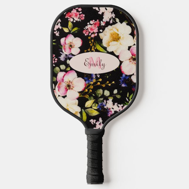 Watercolor Pink Yellow Roses on black, Monogram Pickleball Paddle (Front)