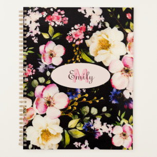Watercolor Pink Yellow Roses on black, Monogram Planner