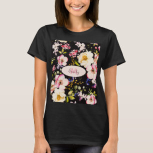 Watercolor Pink Yellow Roses on black, Monogram T-Shirt