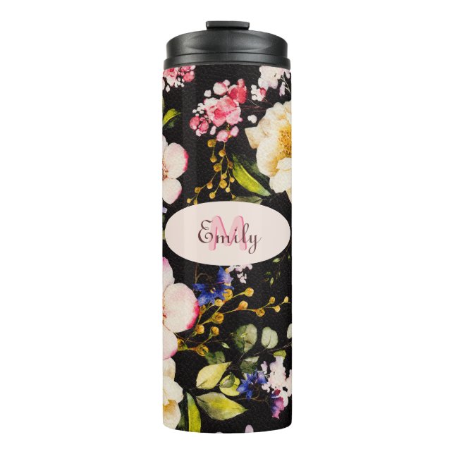 Watercolor Pink Yellow Roses on black, Monogram Thermal Tumbler (Front)