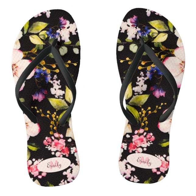 Watercolor Pink Yellow Roses on black, Monogram Thongs (Footbed)
