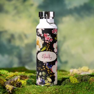Watercolor Pink Yellow Roses on black, Monogram Water Bottle