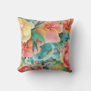Watercolor Pink Yellow Teal Spring Floral Cushion