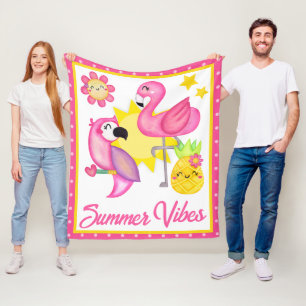 Watercolor Pink & Yellow Tropical Birds Summer Fleece Blanket