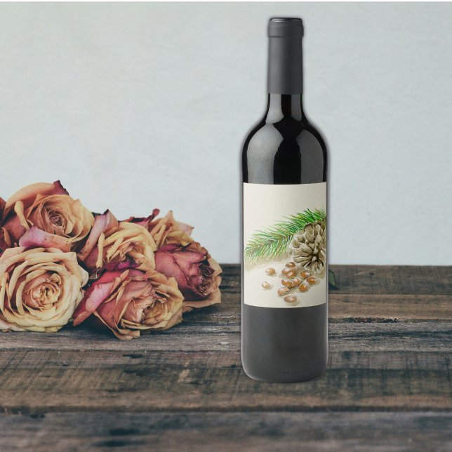 Watercolor Pinõn Nuts Pinecone New Mexico Wine Label (Creator Uploaded)