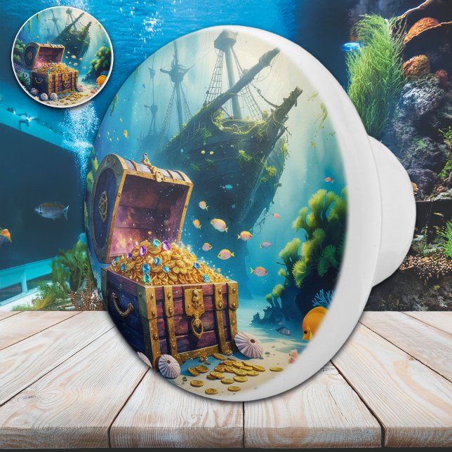 Watercolor Pirate Treasure Chest Undersea Scene Ceramic Knob (Creator Uploaded)
