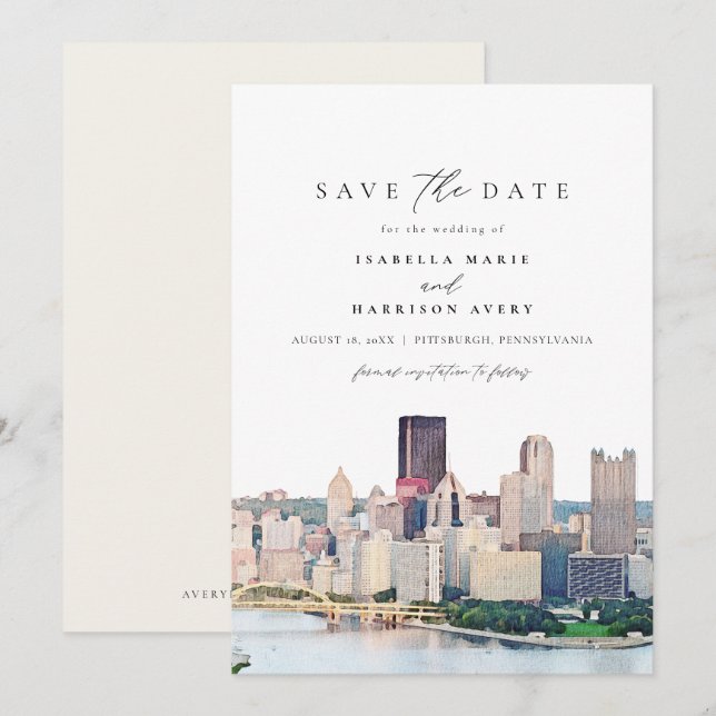 Watercolor Pittsburgh Pennsylvania Save the Date Invitation (Front/Back)