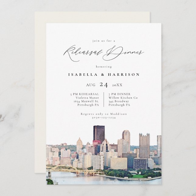 Watercolor Pittsburgh Skyline Wedding Rehearsal Invitation (Front/Back)
