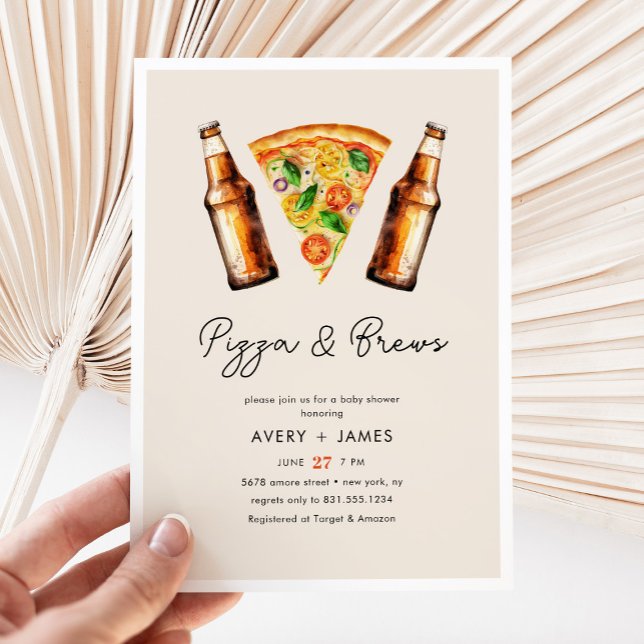 Watercolor Pizza and Brews Co Ed Baby Shower Invitation (Creator Uploaded)