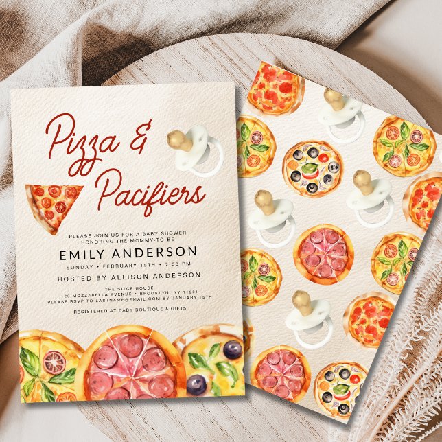 Watercolor Pizza & Pacifiers Baby Shower Invitation (Creator Uploaded)