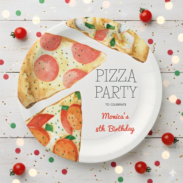 Watercolor pizza party birthday paper plate (Creator Uploaded)
