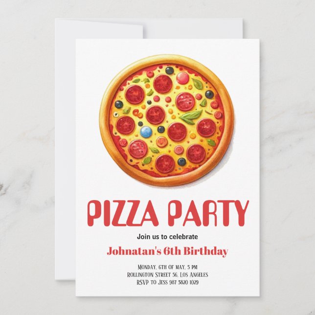 Watercolor Pizza Party Birthday Party Invitation (Front)