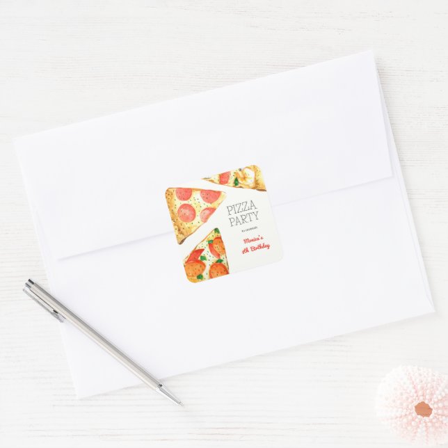 Watercolor pizza party birthday square sticker (Envelope)