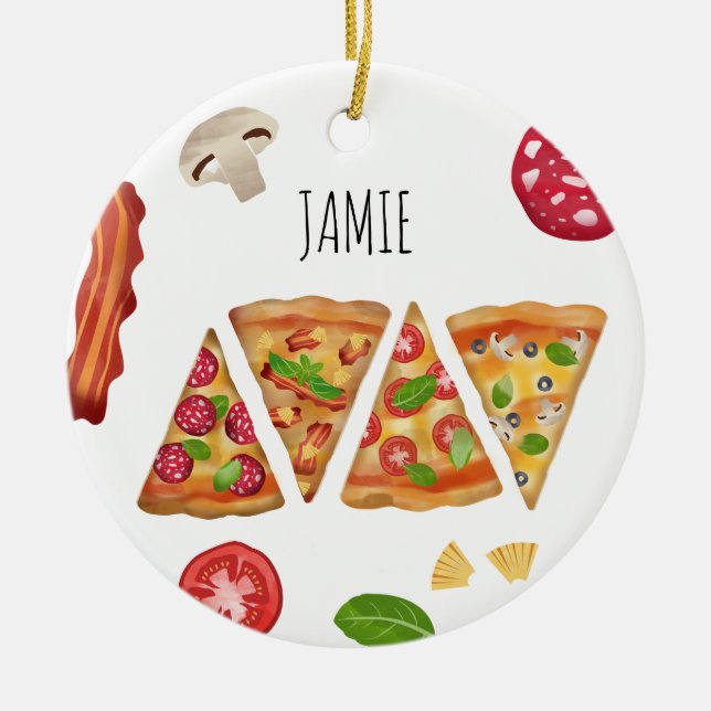 Watercolor Pizza Slices Pattern Custom Name Ceramic Ornament (Front)