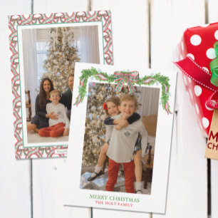 Watercolor Plaid Bow Garland Christmas Holiday Card