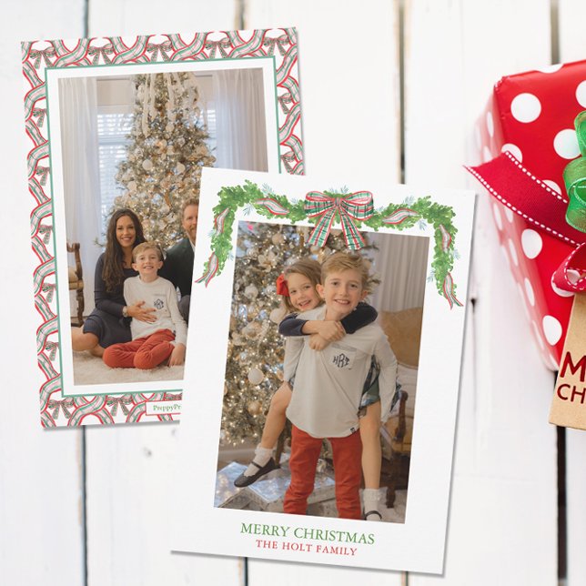 Watercolor Plaid Bow Garland Christmas Holiday Card (Creator Uploaded)