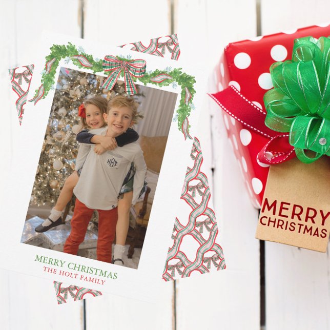 Watercolor Plaid Bow Garland Christmas Holiday Card (Creator Uploaded)