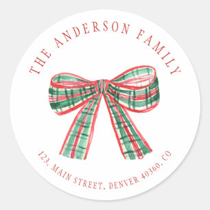Watercolor plaid bow return address label