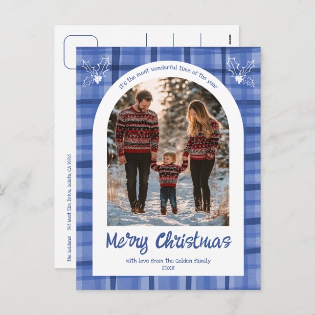 Watercolor Plaid Christmas Custom Arch 3 Photo  Holiday Postcard (Front/Back)