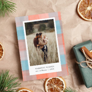 Watercolor Plaid   Coral Grey Pale Blue 2 Photo Holiday Card