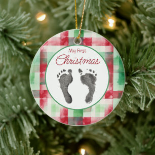 Watercolor Plaid First Christmas Your Baby's Feet Ceramic Ornament