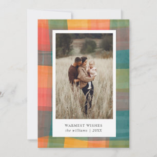 Watercolor Plaid   Green Orange Photo  Holiday  Card