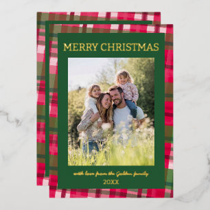 Watercolor Plaid Handmade Christmas Custom 5 Photo Foil Holiday Card