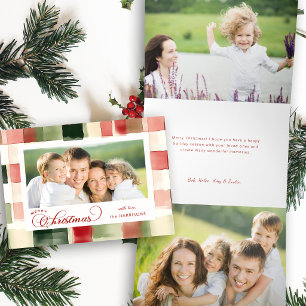 Watercolor Plaid Merry Christmas Calligraphy Photo Tri-Fold Holiday Card