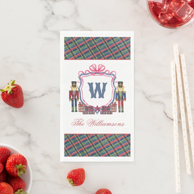Watercolor Plaid Nutcracker Bear Monogram Crest Napkin (Insitu)