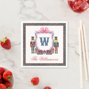 Watercolor Plaid Nutcracker Bear Monogram Crest Napkin