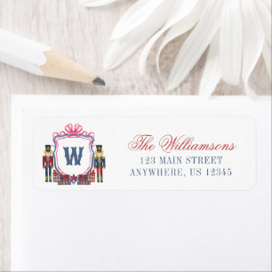 Watercolor Plaid Nutcracker Bear Monogram Crest Return Address Label