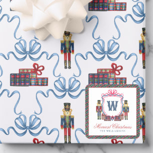 Watercolor Plaid Nutcracker Bear Monogram Crest Square Sticker