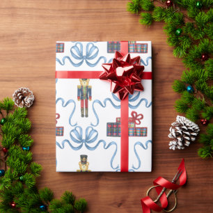 Watercolor Plaid Nutcracker Bear Monogram Crest Wrapping Paper
