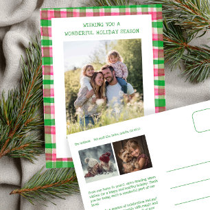 Watercolor Plaid Pink Christmas Custom 3 Photo  Holiday Postcard