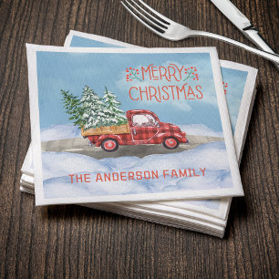 Watercolor Plaid Red Truck Snow Merry Christmas Napkin