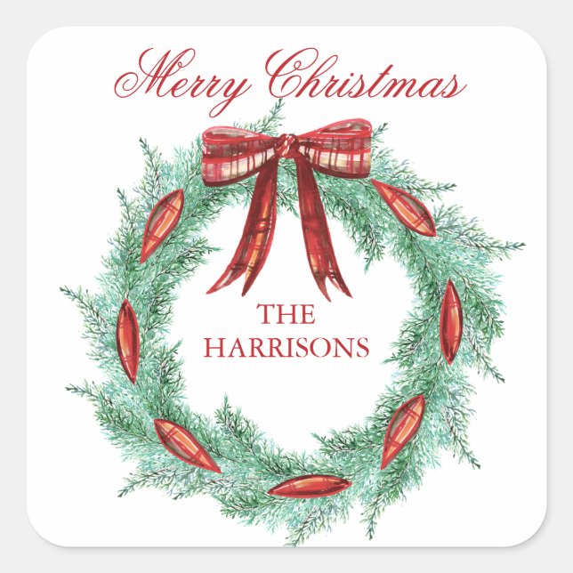 Watercolor Plaid Ribbon Wreath Christmas Square Sticker (Front)