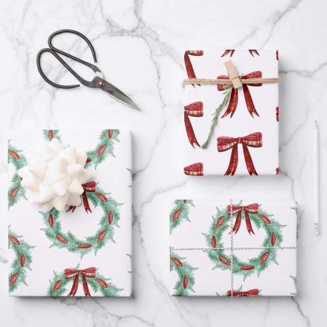 Watercolor Plaid Ribbon Wreath Christmas Wrapping Paper Sheet (Front)