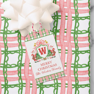 Watercolor Plaid Santa Monogram Crest Gift Gift Tags