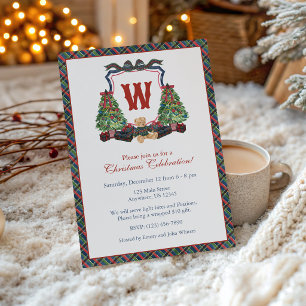 Watercolor Plaid Sweater Bear Monogram Crest Invitation