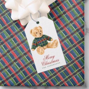 Watercolor Plaid Sweater Teddy Bear Gift Tags
