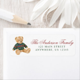 Watercolor Plaid Sweater Teddy Bear Return Address Label