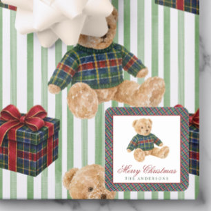 Watercolor Plaid Tartan Christmas Sweater Bear Square Sticker