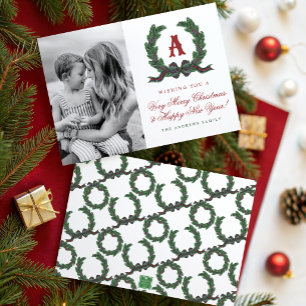 Watercolor Plaid Tartan Laurel Wreath Monogram Holiday Card