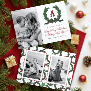 Watercolor Plaid Tartan Laurel Wreath Monogram Holiday Card